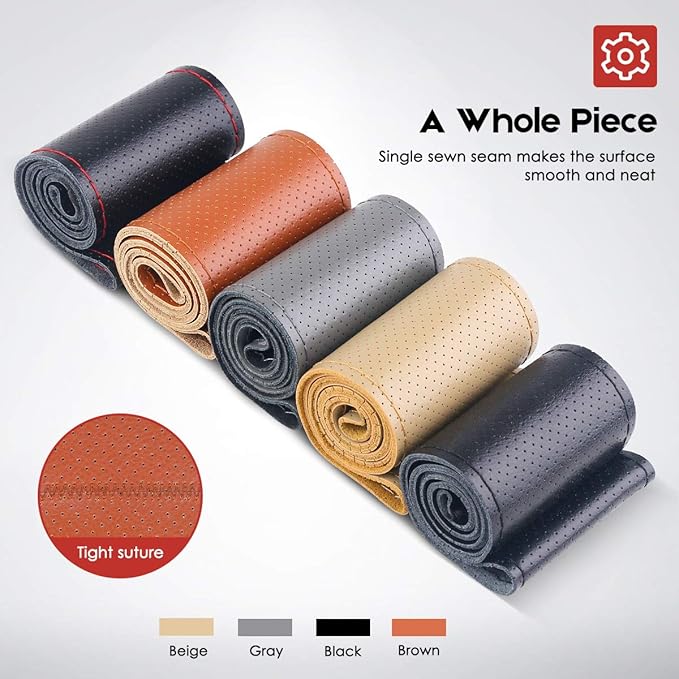 BELINOUS Universal Leather Car Steering Wheel Cover, Stitch On Wrap (Size M4, Brown)