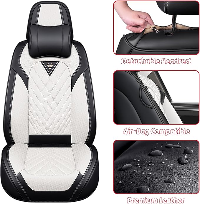 LPDK Fit for Kia Sportage Car Seat Covers Front Set 2pcs with Waterproof Leather,Lumbar Muscle Pain Healing Function,Airbag Compatible Automotive Breathable Seat Protectors(Black White with Pillow)