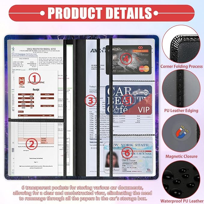 Car Registration and Insurance Card Holder for Women Men, Waterproof PU Leather Glove Box Car Organizer with Magnetic Shut, Vehicle Document Holder for Driver License,Cards, Blue Lion Pattern
