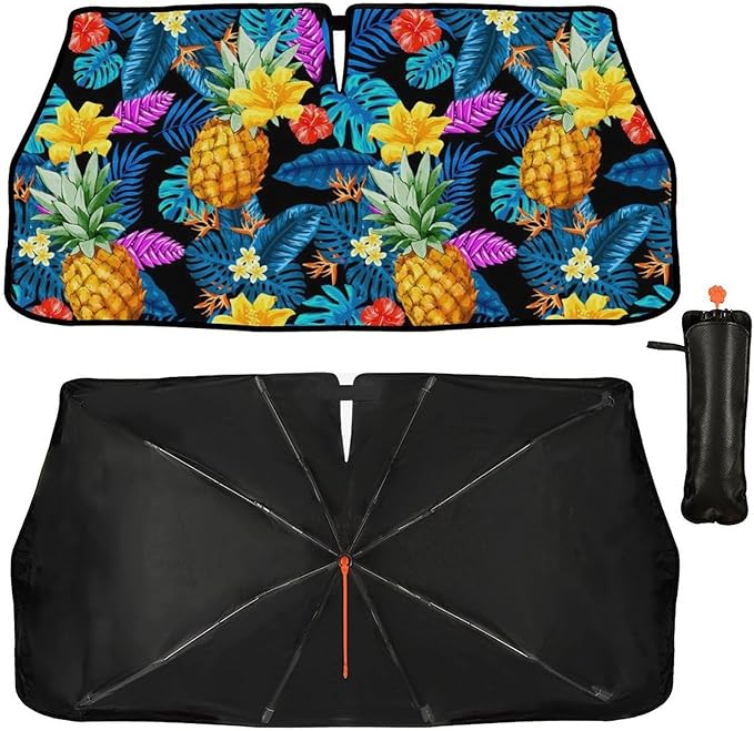 DOPINDU Hawaiian Pineapple Car Windshield Sun Shade Umbrella Bendable Handle Foldable Funny Sunshade for Car Windshield Block UV Rays Keep Vehicle Cool for Most Sedans SUV Trucks Cars 57"x30"
