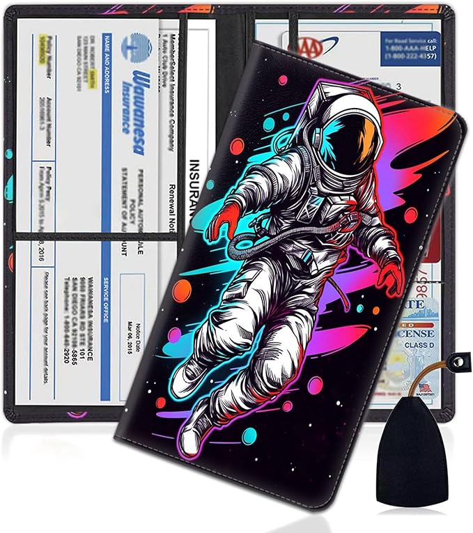 Yuxcfhjfe Car Registration and Insurance Holder, PU Leather Auto Document Holder for Men&Women, Vehicle Glove Box Compartment Organizer with Magnetic Shut for Driver's License, Astronaut Pattern