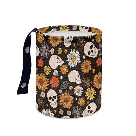 Brosoneto Halloween Gothic Skull Car Trash Bag Portable Garbage Bin Hippie Daisy Retro for Car Front Seat, Back Seat, Floor, Easy to Clean Car Garbage Accessory Car Interior Decoration
