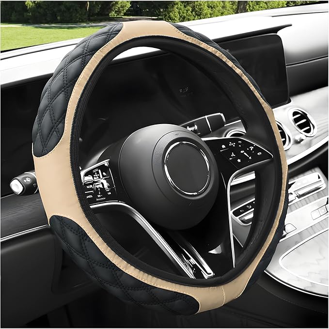 Car Steering Wheel Cover, 15 Inches Non-Slip Leather Car Steering Wheel Protector, Universal Steering Wheel Soft Cover Mats for Car Truck SUV, Interior Car Accessories (Beige)