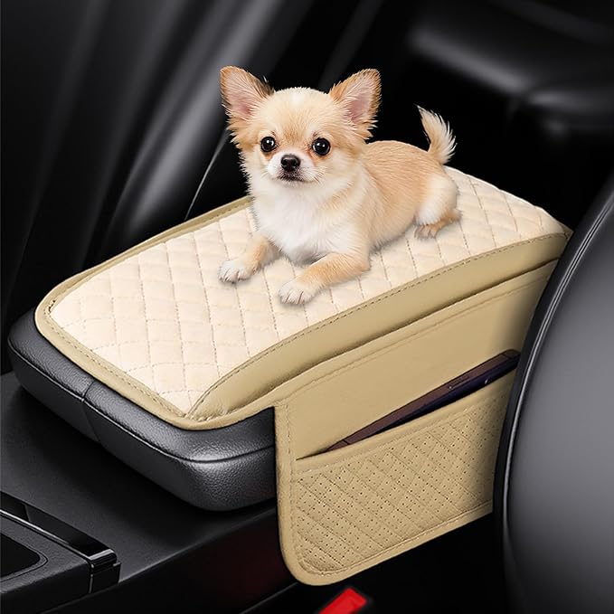 Cxtiy Car Center Console Cover, Microfiber Warm Soft Car Armrest Cover Cushion with 2 Storage Bags, Universal Armrest Storage Box Interior Accessories for Most Vehicles (Beige)
