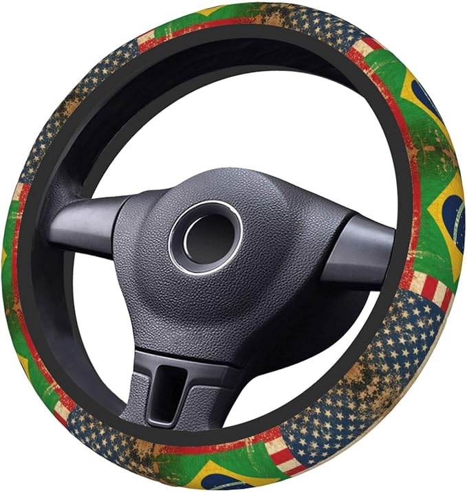 America Brazilian Flags Universal Fit Steering Wheel Cover for Car, Truck, and SUV, Durable Steering Wheel Protection