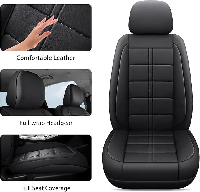 crossmiles Faux Leather Car Seat Covers Full Set, Foam Seat Cover for Car, Universal Car Seat Protector with Waterproof and Breath Fit for Cars, Trucks, SUV, Vans (Black Square)