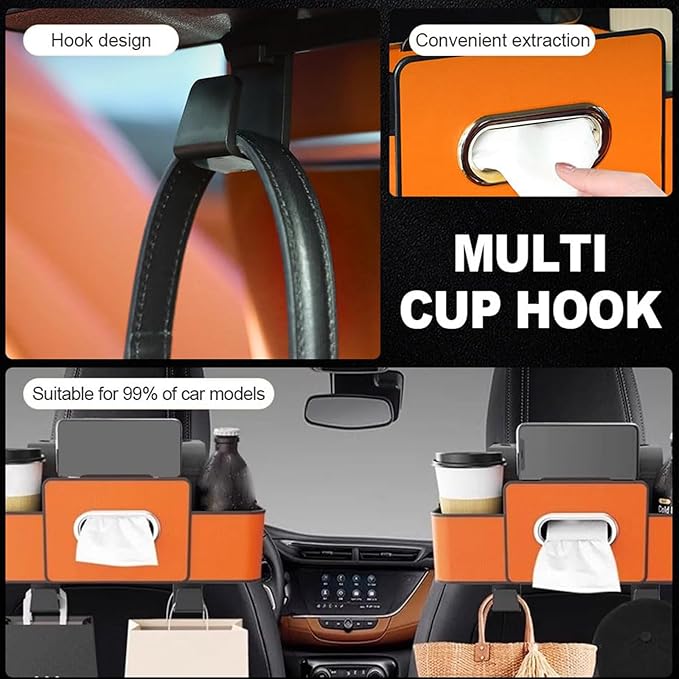 Silksild Car Organizers and Storage Back Seat, Multifunctional Car Organizer Box with Tissue & Cup Holders for Suv Sedan, Backseat Headrest Storage Box, Hanging Cars Caddy for Behind Seat (Orange)