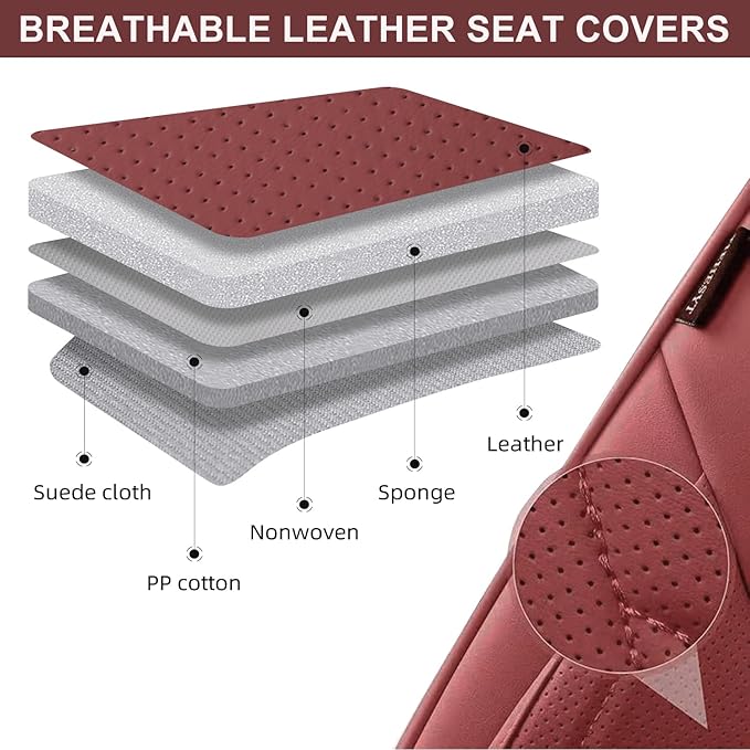 TIEHESYT Wine Red Car Seat Covers Full Set, Breathable Leather Automotive Front and Rear Seat Covers & Headrest for Comfortable Driving, Universal Auto Interior Fit for Most Kinds of Vehicles, Cars