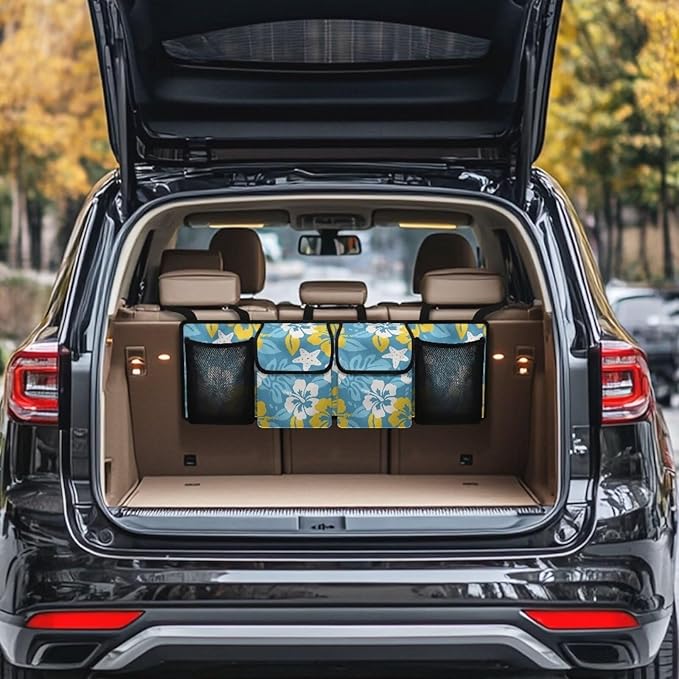 Hawaii Hibiscus Flowers Car Trunk Organizer Starfish Palm Leaf Multipurpose Cargo Bag for SUV,Truck,Van Back Seat Car Organizer