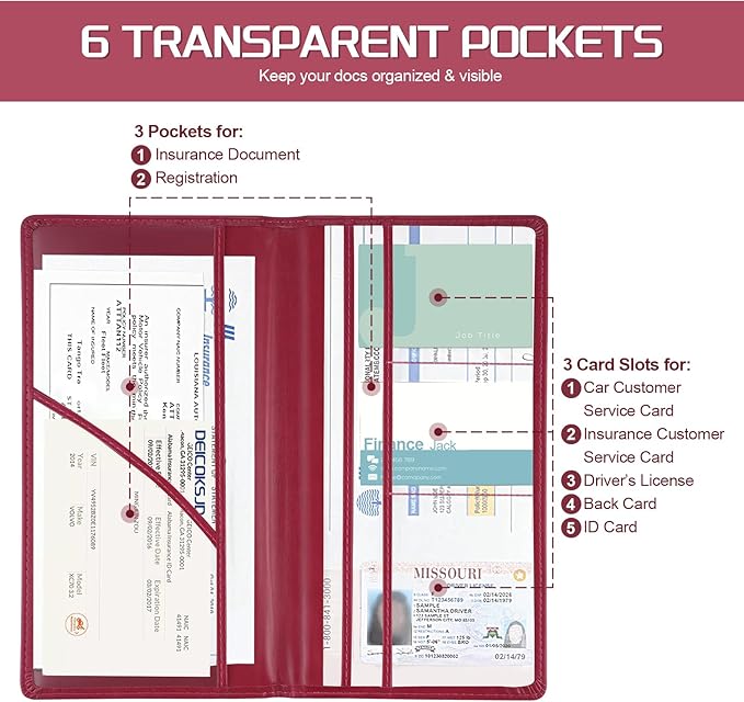 JUSTTOP 2Pack Car Registration and Insurance Holder,Car Document Holder for Cards License with Magnetic Shut,Vehicle Glove Box Car Organizer for Documents, Cards, License(Rose red)