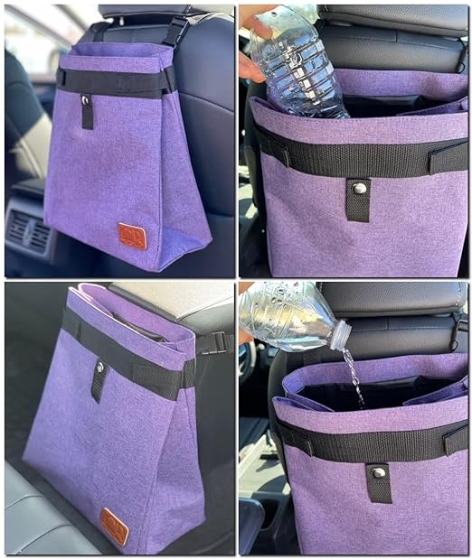 CP CLEVER PINKPHIN Car Trash Can Hanging for Headrest, Extra Large Waterproof Auto Garbage Bag Organizer, Collapsible Vehicle Waste Bin (Purple)