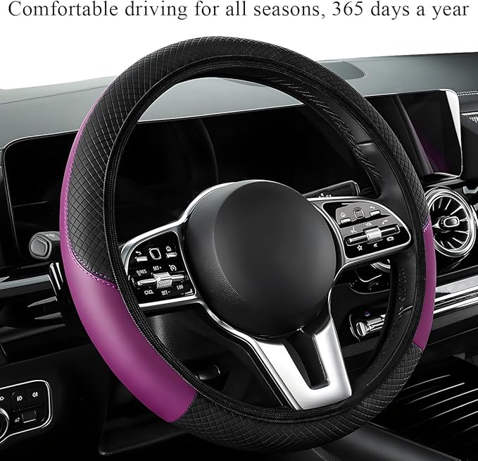 Elastic Car Steering Wheel Cover, Microfiber Leather Carbon Fiber Steering Wheel Protector with Anti-Slip Lining, Interior Accessory (Black & Purple, AD)