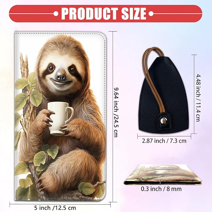 Car Document Holder with Magnetic Shut, Car Registration & Insurance Card Holder, Waterproof PU Leather Glove Box Organizer Vehicle Accessories Driver License for Women/Men, Sloth with Coffee