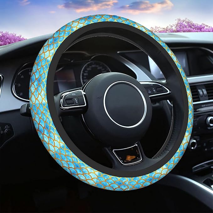 Swono Automotive Steering Wheel Covers Mermaid Scales Watercolor Blue and Gold Fish Scales Neoprene Car Wrap Cover Stretch-On Fabric Breathable Universal 15 Inch for Women Men
