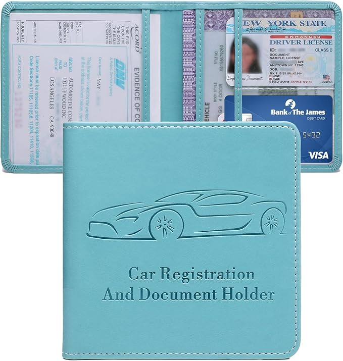 Registration and Insurance Card Holder, Vehicle Glove Box Car Organizer with Magnetic Closure, Interior Car Accessories for Documents, Cards, License Storage, 1-Pack Blue