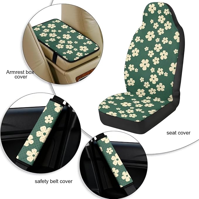 FUSURIRE 5Pcs Car Accessories Set Green Daisy Print PU Front Seat Covers, Seat Belt Covers & Center Armrest Pad Universal FIT for Car, SUVs,Van,Small Trucks