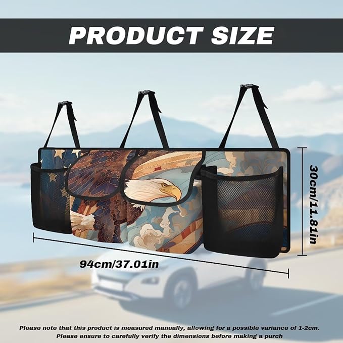 Back Seat Trunk Organizer Hanging Car Organizer Trunk Foldable Cargo Storage with 2 Large Storage Bag & 2 Mesh Pockets& 3 Adjustable Straps 37.01x11.81 inch,American Flag Eagle