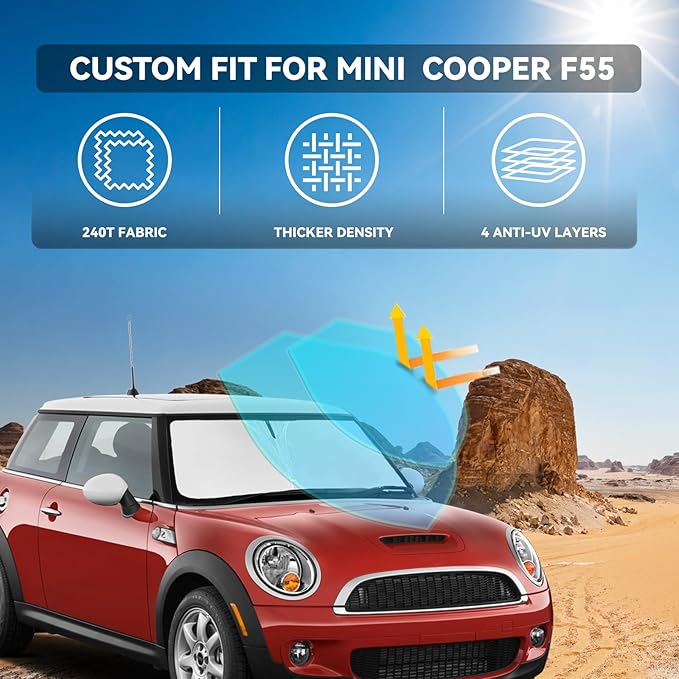 for Mini Cooper F55 2015-2024 2025 Windshield Sun Shade - 4 Layers Car Sunshades for Front Windows Shade Cover Custom Fit F55 Sun Visor 240T Retractable Shade Blocks UV Rays Car Accessories