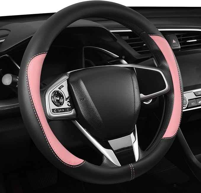 Car Steering Wheel Cover,Microfiber Leather Steering Wheel Cover Universal 15.5-16 inch, Anti-Slip Breathable Auto Wheel Cover Protector for Men Women (Black&Pink)