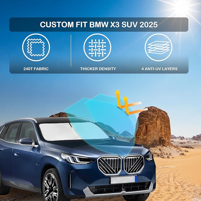 for BMW X3 2025 2026 Windshield Sun Shade - 4 Layers Car Sunshades for Front Windows Shade Cover Custom Fit X3 Base xDrive35i xDrive28i M Sport 240T Retractable Shade Blocks UV Rays Car Accessories