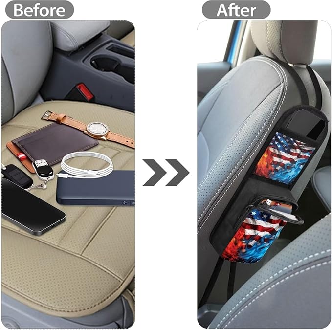American Flag Auto Seat Side Storage Bag Organizer Fire Flame Car Seat Storage Bag with Zipper Patriotic Car Interior Accessories for Women Men