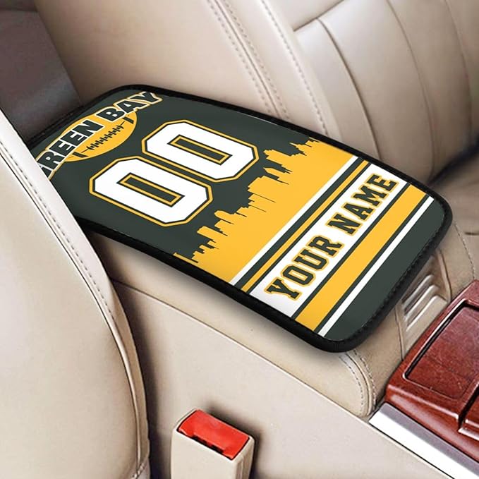Custom Green Bay Car Armrest Covers Personalized Football Style with Name Number Customized Auto Center Console Pad Car Handrail Box Cushion for Most Vehicle Decor Accessories, Fans Gift