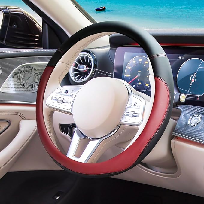 Wine Red Car Steering Wheel Cover, Nappa Leather, Bottom Color Blocking, Universal 14.5-15 Inch Leather Anti-Slip Breathable Auto Steering Wheel Covers for Men Women