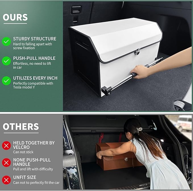 XCF Car Trunk Organizer, Leather Collapsible Trunk Organizer for suv with Lid and Push-pull Handle Car Trunk Storage Organizer for Cars, SUV, Minivan, Truck, Sedan (White)