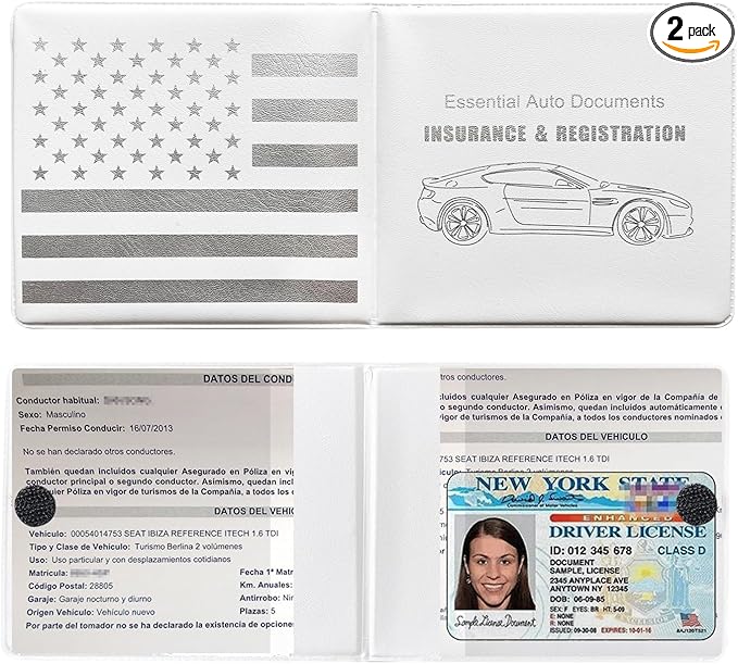 Ziciner Car Registration Insurance Holder, 2Pack Essential Auto Card Document Glove Box Organizer with Touch Fastener, Vehicle Interior Accessories Perfect for Most Car, Truck, SUV (White/Back Flag)