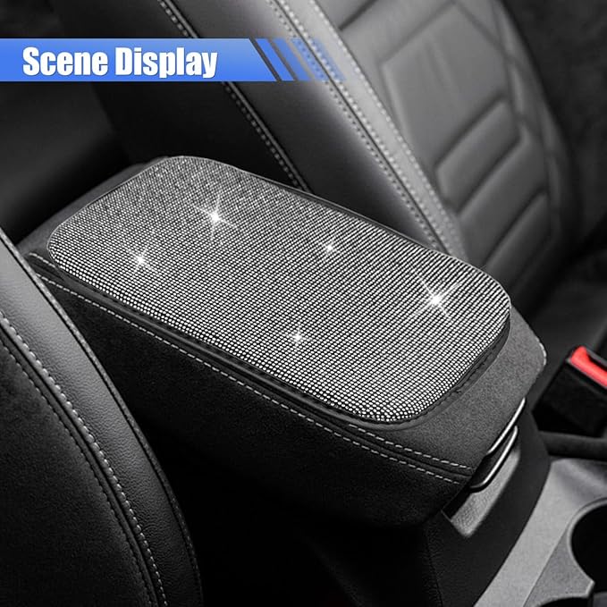 11.9''×8.4'' Bling Car Center Console Cover, Crystal Rhinestone Arm Rest Protective Cushion Pad, Diamond Soft Elbow Pillow, Auto Interior Decoration Accessories for Women Girls (White)