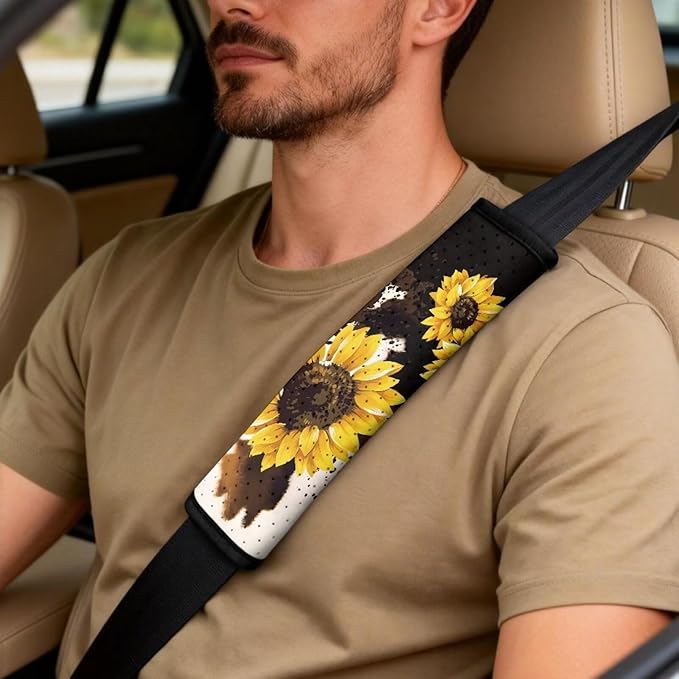 Psesaysky Universal 5PCS Car Seat Covers Set, Brown Cow Sunflower 2 Front Leather Seat Protectors, 1 Armrest Cover, 2 Padded Seat Belt Covers for Sedan SUV Truck Van
