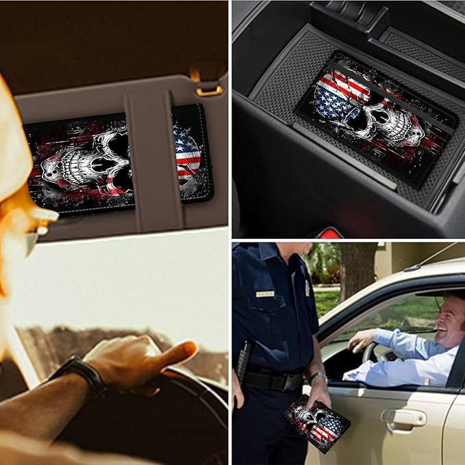 RAUEDWDJS Car Registration and Insurance Holder,Leather Vehicle Glove Box Organizer Wallet Case for Driver's License,ID Key Information Cards-Flag Skull