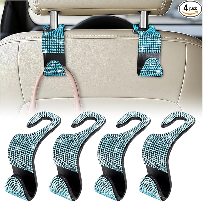 HZEL Bling Car Seat Headrest Hooks, 4PCS Crystal Rhinestone Vehicle Seat Back Hanger Holder for Purses Bag Handbags, Diamond Headrest Storage Organizer, Universal Auto Accessories (Blue)
