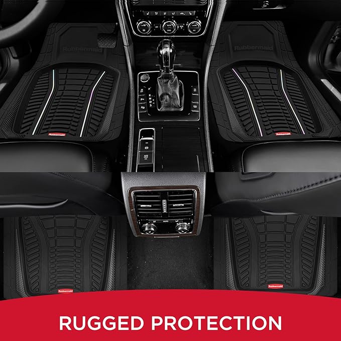 Rubbermaid Car Floor Mats Full Set – Premium All-Weather Car Mat with Brushed Aluminum Inserts, Universal Trim-to-Fit Design, Anti-Slip Backing for Cars, SUVs, Trucks, and Vans