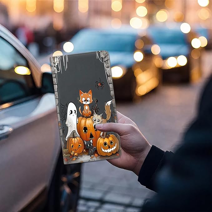 Car Registration and Insurance Card Holder for Women Men, Waterproof PU Leather Glove Box Car Organizer with Magnetic Shut, Vehicle Document Holder for Driver License,Cards, Pumpkin Cartoon Cat