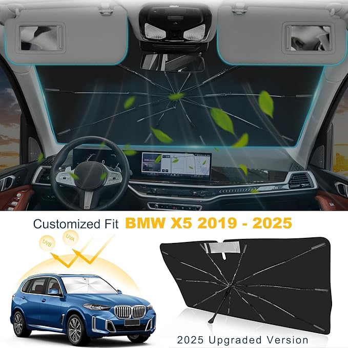 2025 Upgrade Windshield Sun Shade Umbrella Custom Fit BMW X5 2019-2024 2025 Foldable UV Protection Car Cover, Emergency Rain Shield & Dashboard Protector - Durable Auto Accessory