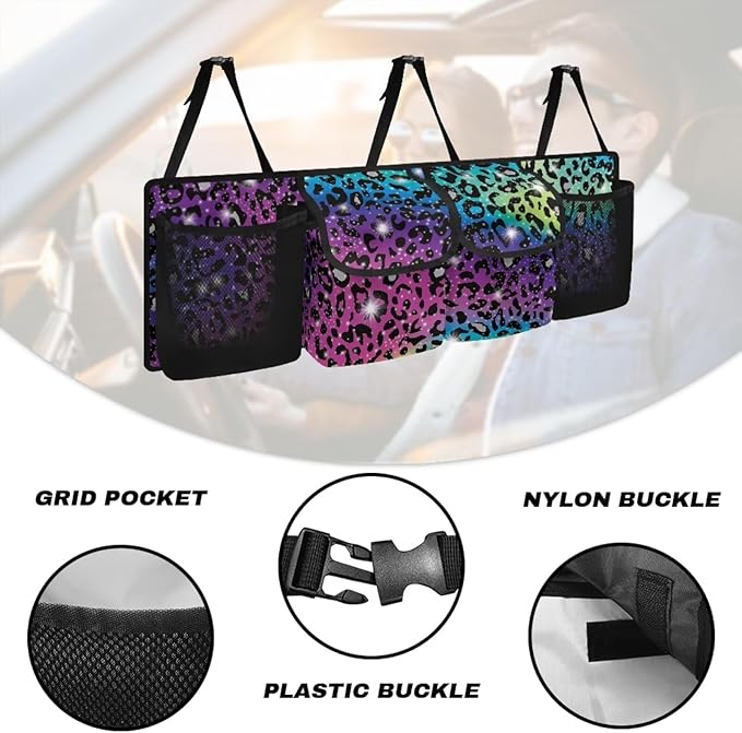 Car Trunk Organizer, Universal Car Organizers and Storage Backseat Car Organizer for SUV/Truck/MPV, Reusable Space-Saving Hanging Car Organization with 4 Pocekts, Colorful Leopard Print