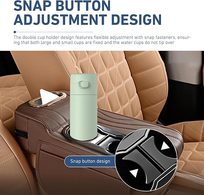 Car Armrest Cushion, Leather Center Console Cover Protector, Multifunctional Storage Pad with Dual Cup Holder, Tissue Box & Side Card Slot, Universal for Most Cars (Coffee)