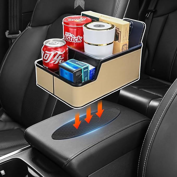keketuohai Car Organizer Between Back Seat,Car Armrest Storage Box with 3 Compartment,Multifunctional Storage Box with Cup Holder Tray,Car Seat Organizer with Non-slip Mat(Beige)