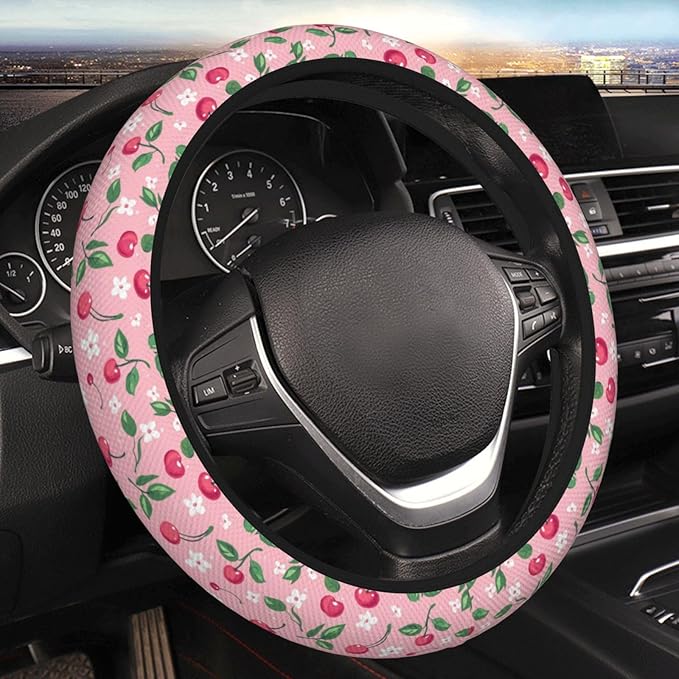 Cherries White Flowers Steering Wheel Cover for Women Men Girls, Car Accessories Decor Thickened Anti-Slip Auto Steering Wheel Covers Protector Universal Fit 15 Inch for Cars, Truck, SUV