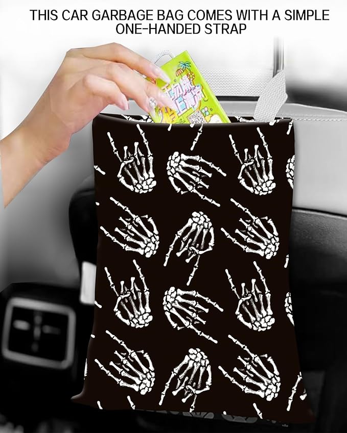 ANKVRP Car Garbage Can, Car Trash Bag Can for Vehicle, Travelling, Camping - Hanging Back Seat Organizer With Rock Skull Hands Design