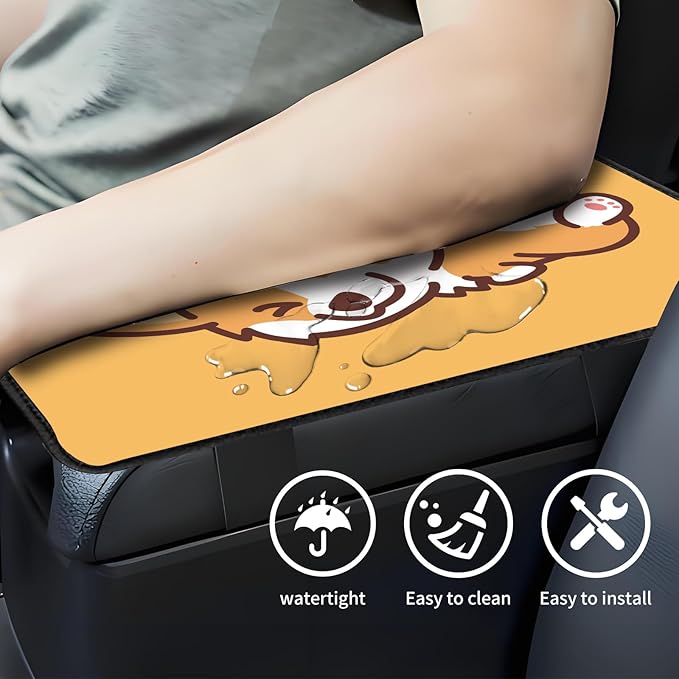 Car Center Console Cover, Universal Soft Large Neoprene Auto Armrest Seat Box Cover, Funny Car Decor Accessories Fit for Most Cars, Vehicles, SUVs Cute Yellow Corgi Dog