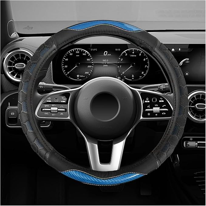 Carbon Fiber Steering Wheel Cover, Non-Slip Leather Steering Wheel Protector with 3D Honeycomb Design, Comfy Grip Breathable Sporty Auto Wheel Wrap for Most Cars Trucks SUVs (Sky Blue)