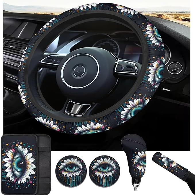 6pcs Big Eye Women Men Steering Wheel Cover Funny Cry&Tears Car Armrest Cover Handbrake Cover Cup Coaster Car Interior Decor Fit Auto,Suvs,Truck