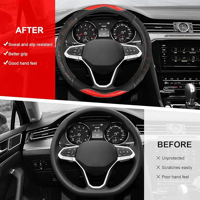 Carbon Fiber Steering Wheel Cover, Non-Slip Leather Steering Wheel Protector with 3D Honeycomb Design, Comfy Grip Breathable Sporty Auto Wheel Wrap for Most Cars Trucks SUVs (Red)