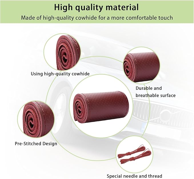 Kewucn Genuine Leather Steering Wheel Cover, 15" Universal Car Steering Wheel Protector with Needle Thread, Breathable Anti-Slip Steering Wheel Cover DIY Stitch on Wrap (Wine Red, Full Hole)