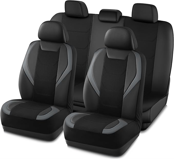 Road Comforts Car Seat Cover Full Set, Leather Mesh Seat Covers, Airbag Compatible, Universal Fit for Most Cars, SUVs, Trucks, and Vans - Gray