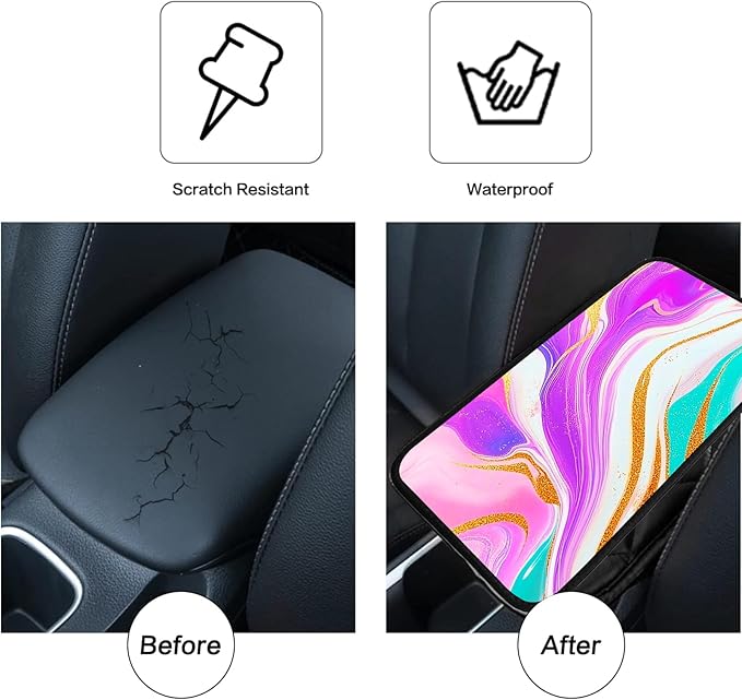 JANENFNA Car Armrest Cover Pads Universal Fashion Cute Auto Center Console Armrest Cover Pad with 2PCS Car Coasters Soft Waterproof Car Armrest Seat Protector for Women,Pink Pattern Marble