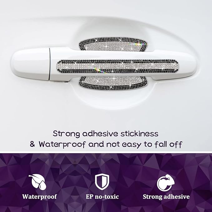 Gengki 10PCS Car Door Handle Bling Rhinestones Stickers Universal Auto Door Handle Scratch Cover Guard Protective Film Pad with Safety Reflective Strips