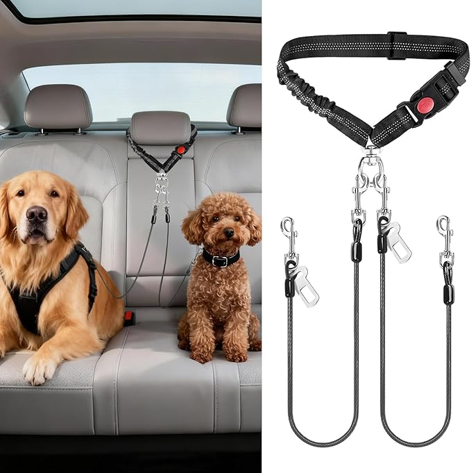 Idepet Dog Seat Belt for Car, 2 Pcs Stainless Steel Chew Proof Dog Seatbelt 3 in 1 Harness for Safety Heavy Duty Pet Seat Belt for Medium & Large Dogs (Black+Black)